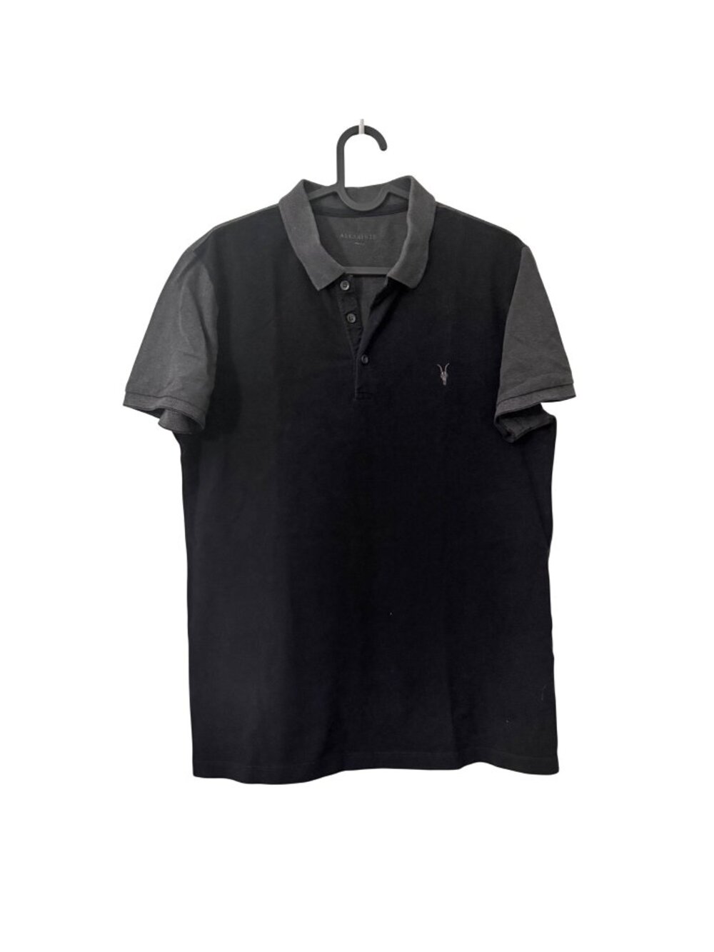 All Saints Black Gray Colorblock Short Sleeve Cotton Pique Polo Shirt Mens Small
